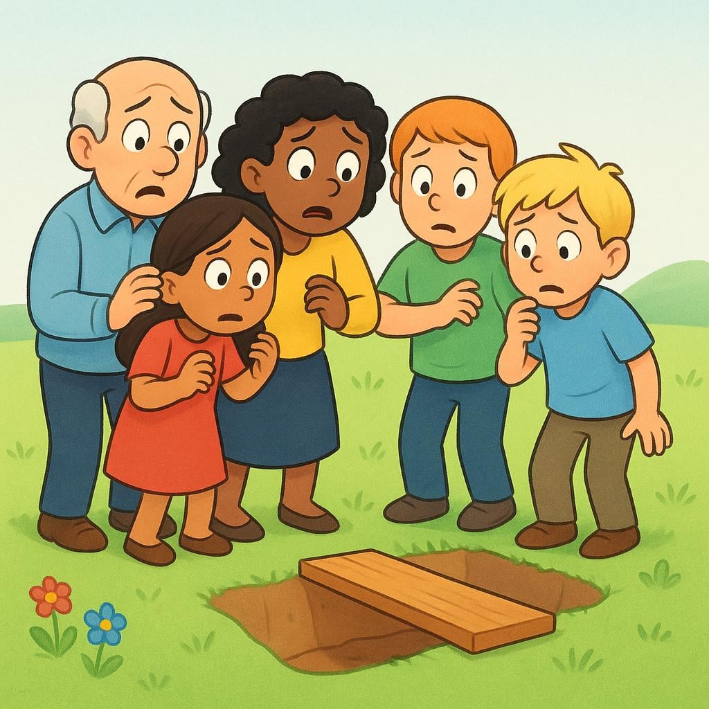 An illustration depicting five individuals standing frozen and anxious, refusing to walk across a small, easily manageable wooden plank over a tiny, shallow ditch, representing a group of cowards.