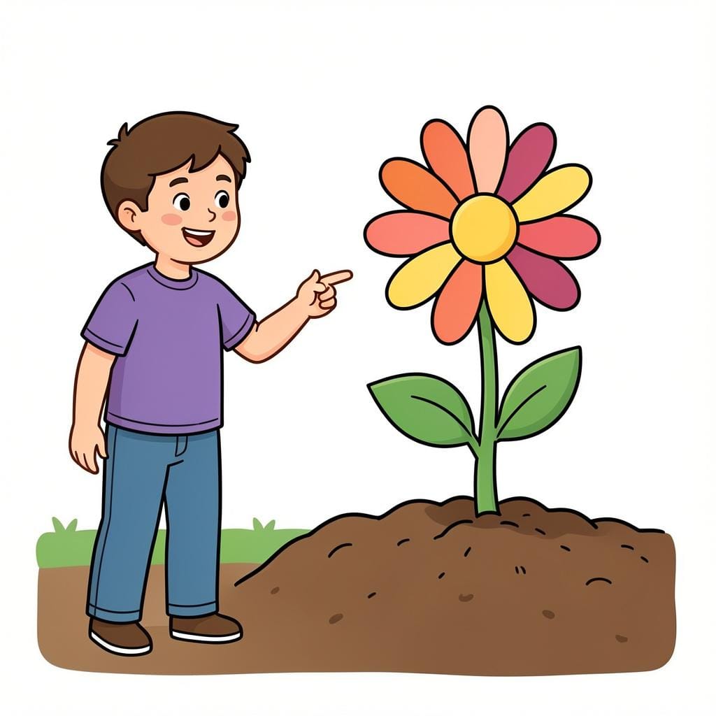 A teacher pointing to a colorful drawing of a plant growing from a seed to show how it works.