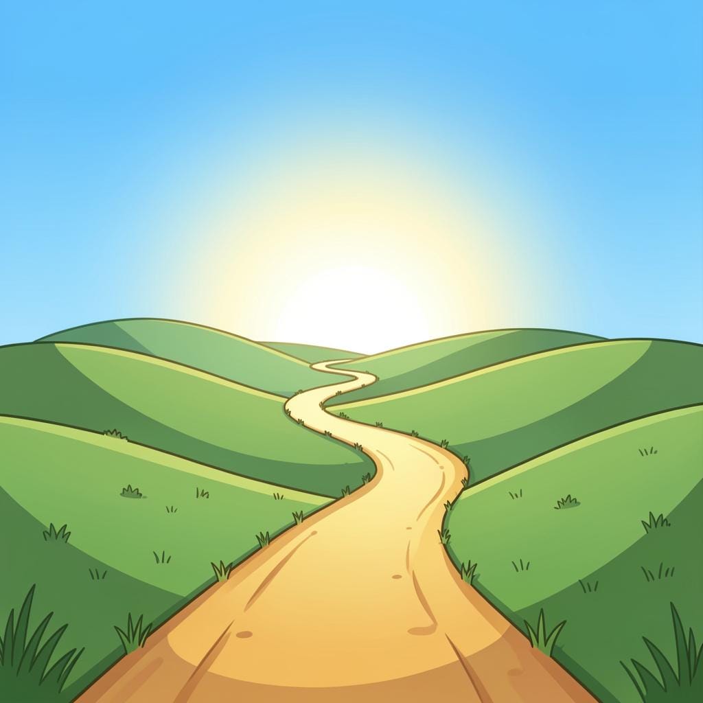 A long, golden path winding through rolling green hills and continuing toward a bright, endless horizon under a clear sky.