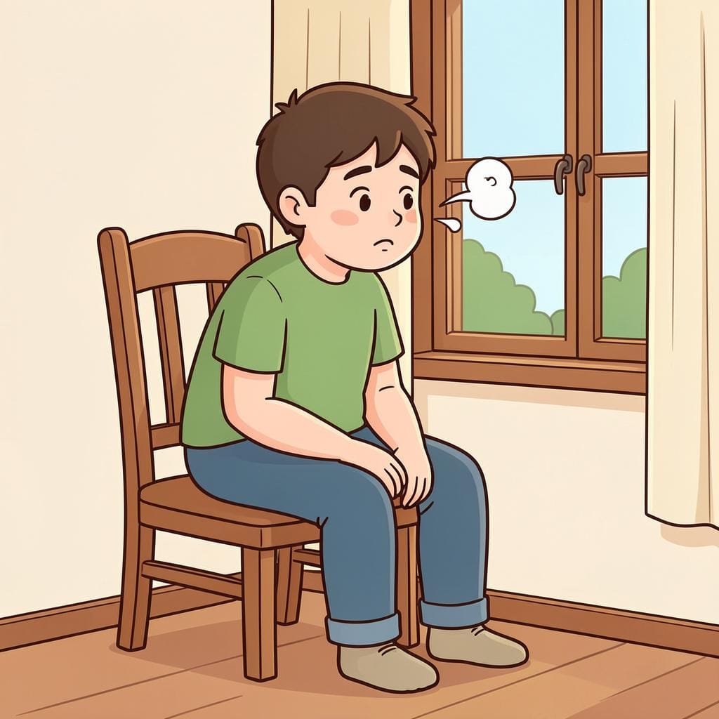 Una persona seduta vicino a una finestra, che guarda fuori con un'espressione gentile e stanca mentre espira un respiro profondo.