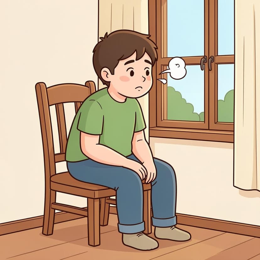 Una persona seduta vicino a una finestra, che guarda fuori con un'espressione gentile e stanca mentre espira un respiro profondo.