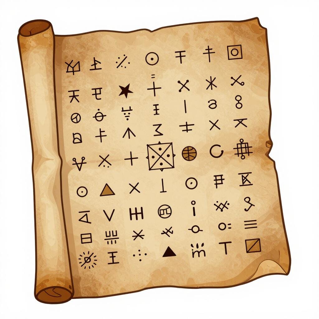 A mysterious scroll with strange, invented symbols and shapes.