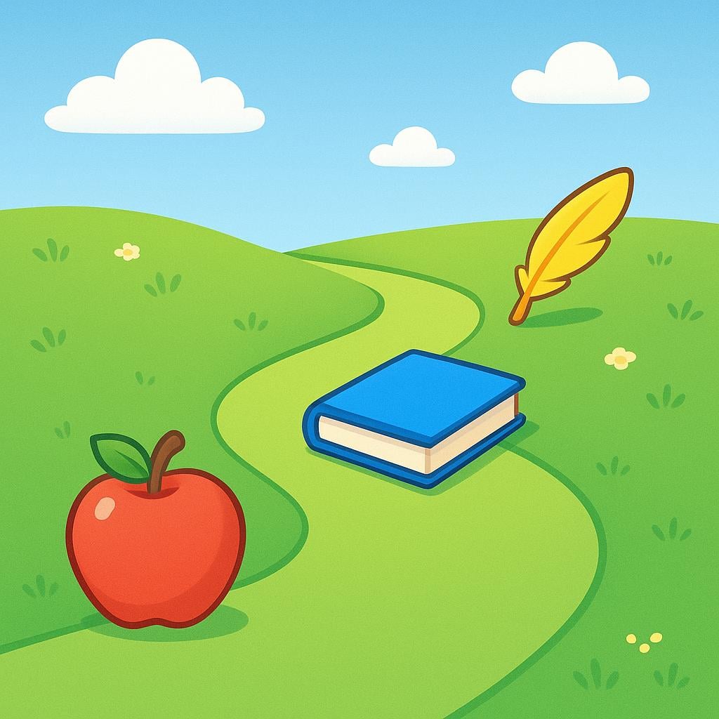 A winding, colorful path stretching across a landscape. Along the path, three distinct objects—a red apple, a blue book, and a yellow feather—are placed one after the other, showing succession.
