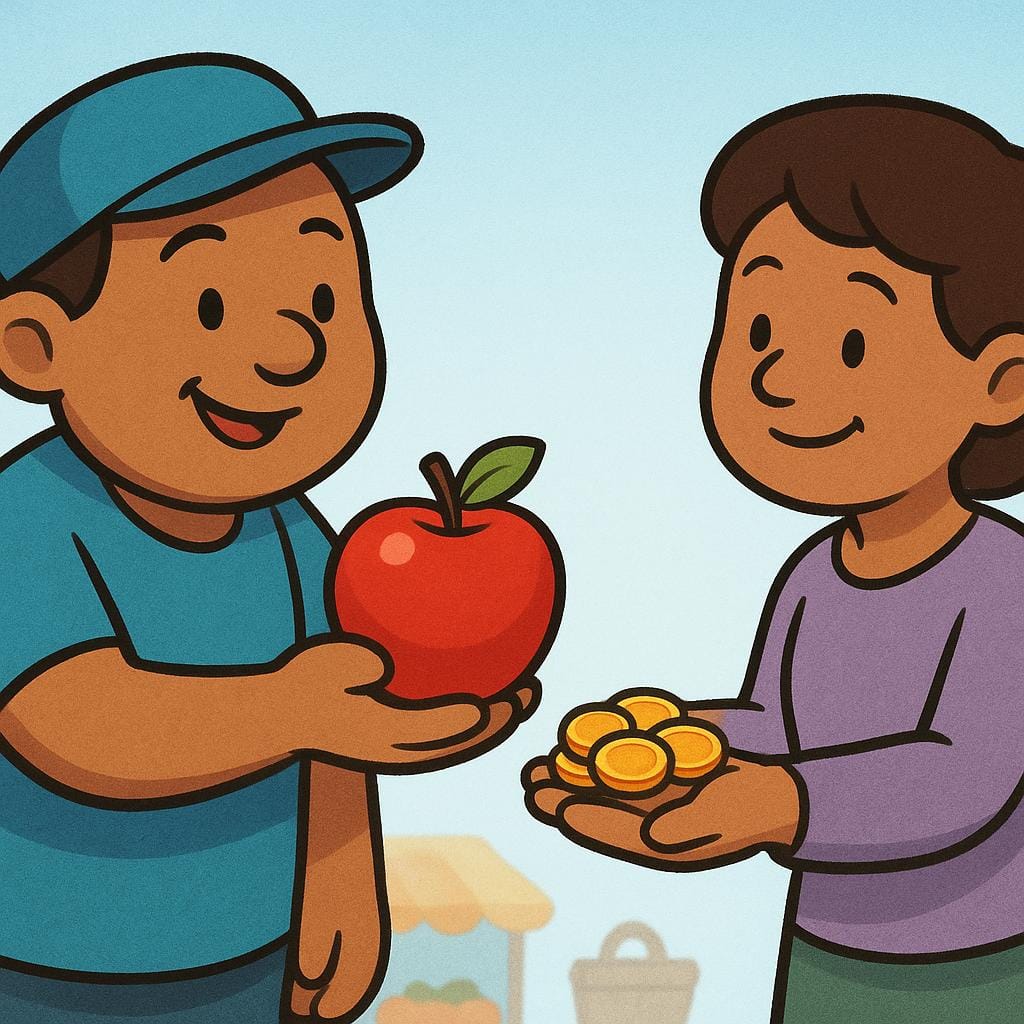 Eine Zeichentrickfigur tauscht einen leuchtend roten Apfel gegen einen kleinen Stapel Goldmünzen, den ein Kunde hält.