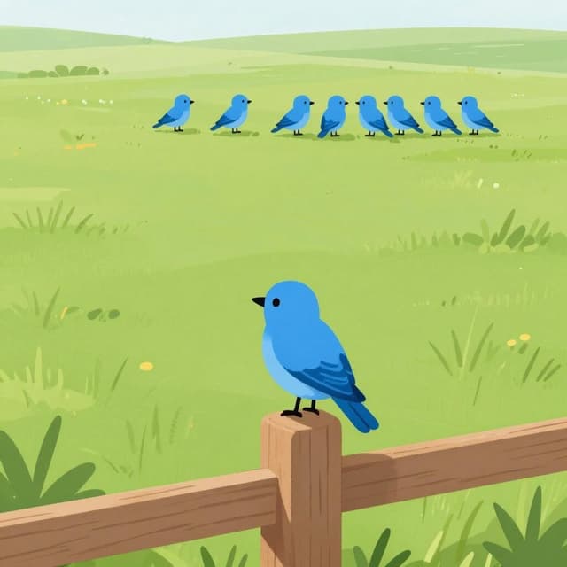 A single blue bird sitting alone on a small wooden fence post, separated from a group of birds in the distance.