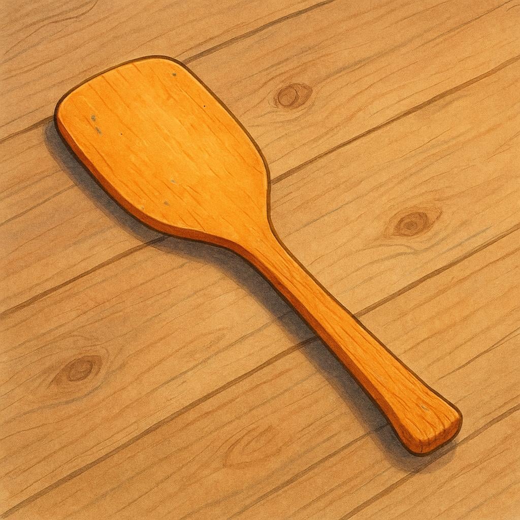 A simple, well-worn wooden paddle with a handle resting on a rustic wooden floor, symbolizing a thrashing or punishment.