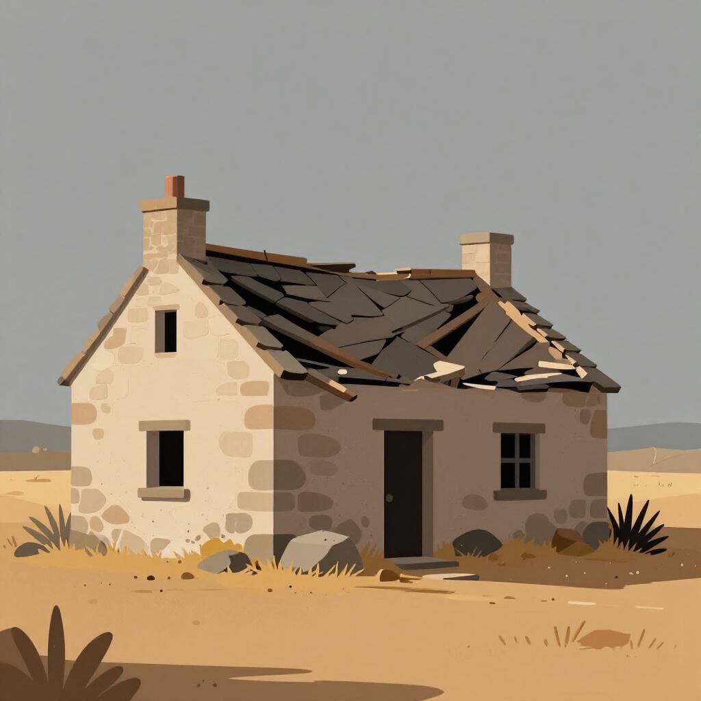 A single broken stone house with a collapsed roof and cracked walls in an empty field.