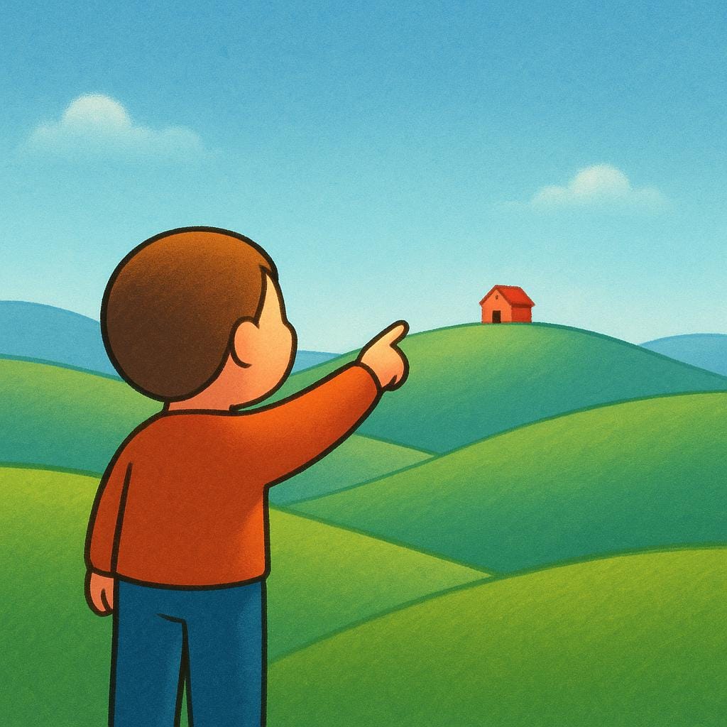 A person standing in the foreground points across a field toward a tiny, distant red house situated on a far-off hill.