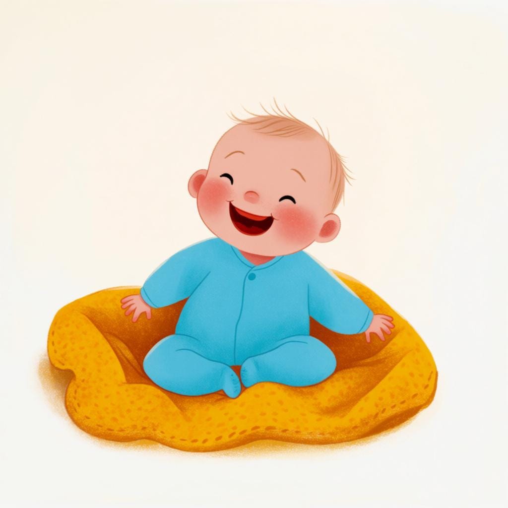 Un bambino allegro con guance rosse che indossa una tutina azzurra, seduto su una morbida coperta gialla e sorridente.