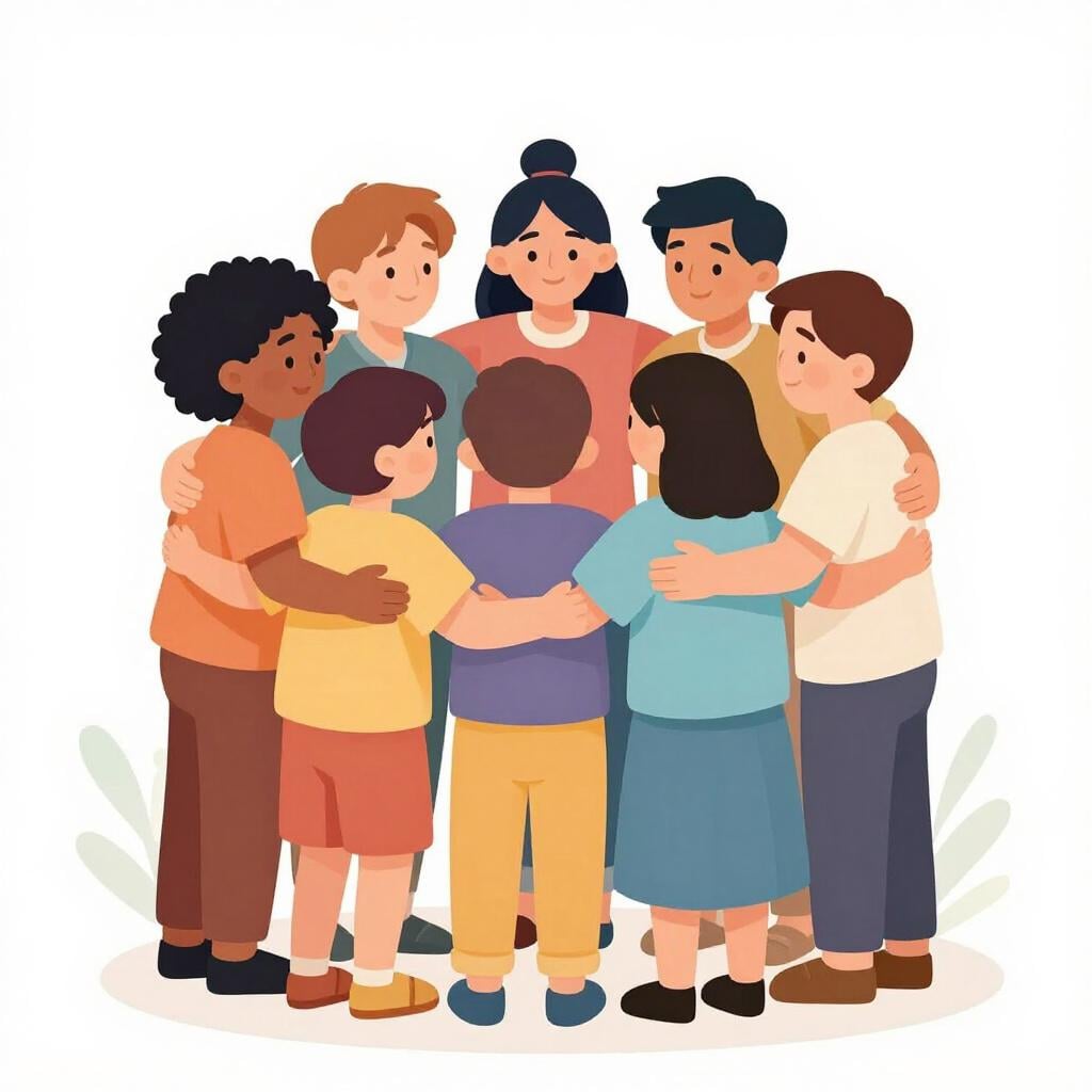 A group of diverse people smiling and sharing a warm group hug in a bright, cheerful setting.