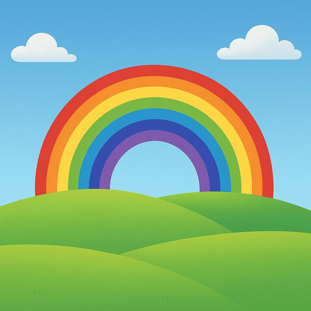 A bright rainbow arching over a simple green hill landscape, symbolizing an event that occurred.