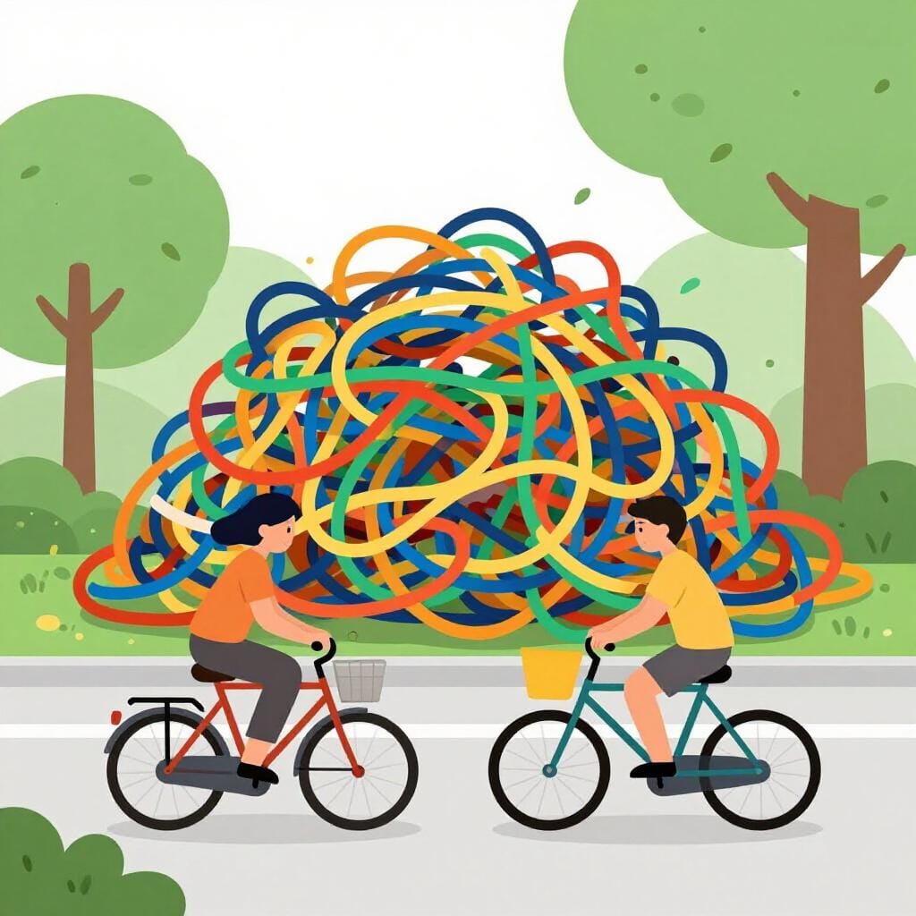 A person on a bicycle encountering a large pile of tangled ropes blocking a path.