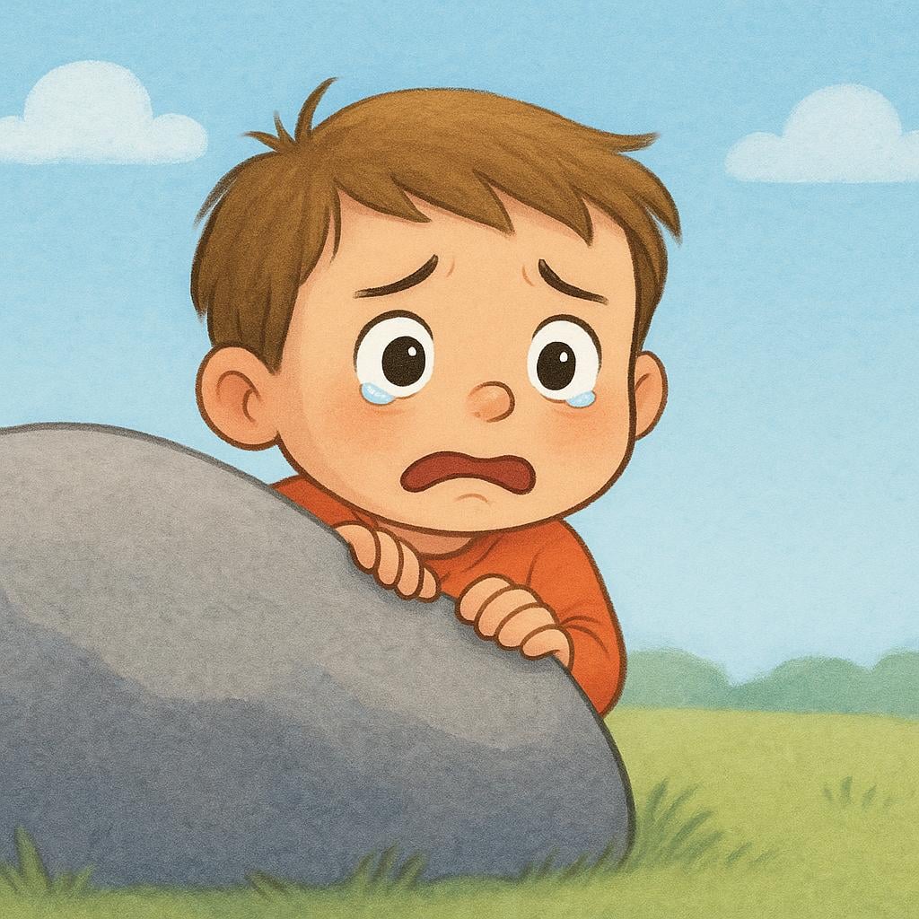A small, worried child hiding partially behind a large rock, looking out with a fearful expression.