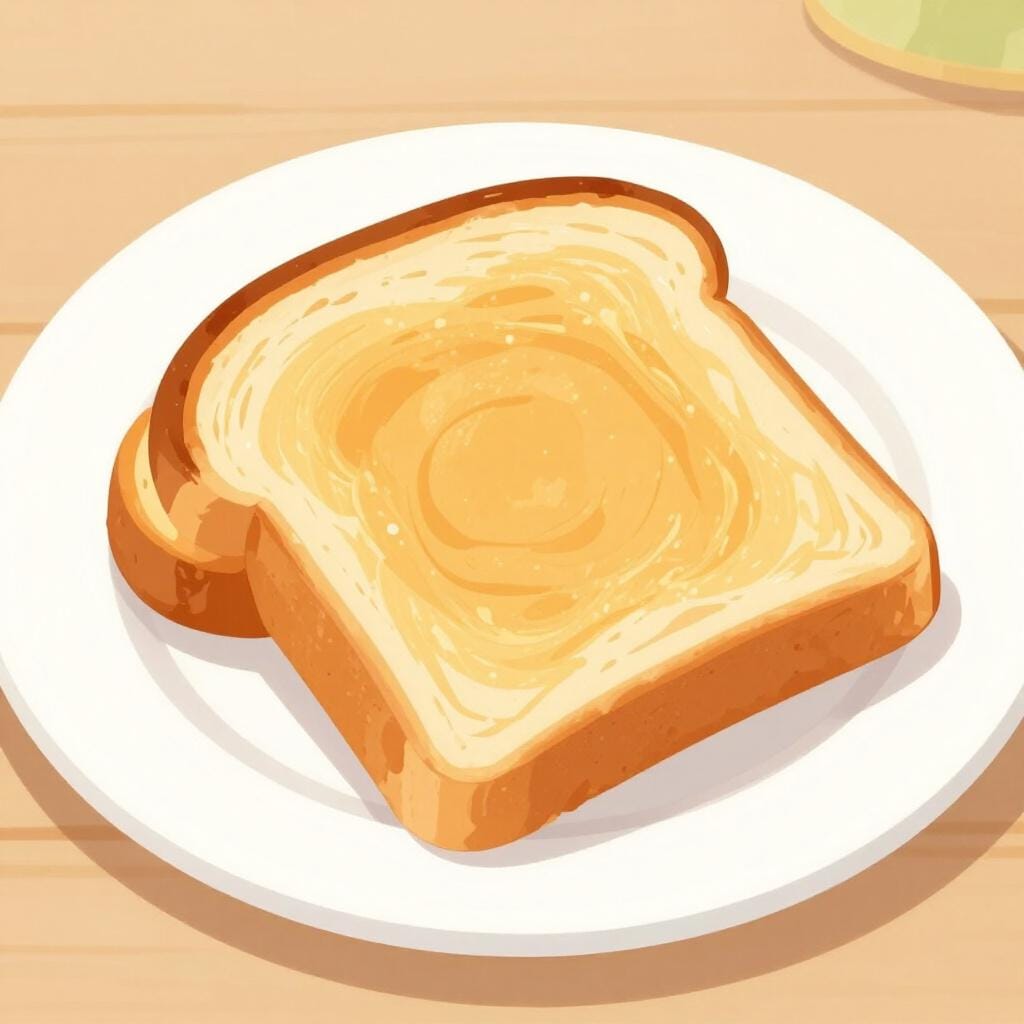 Eine Scheibe goldbraun getoasteten Brotes auf einem einfachen weißen Teller.