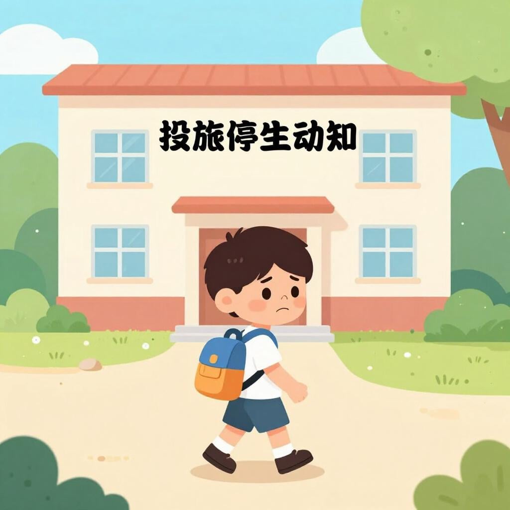 Um estudante triste saindo de um prédio escolar com uma mochila.