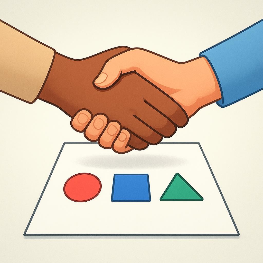 Two simplified hands shaking over a paper displaying three distinct colored shapes, signifying agreed-upon terms or conditions.