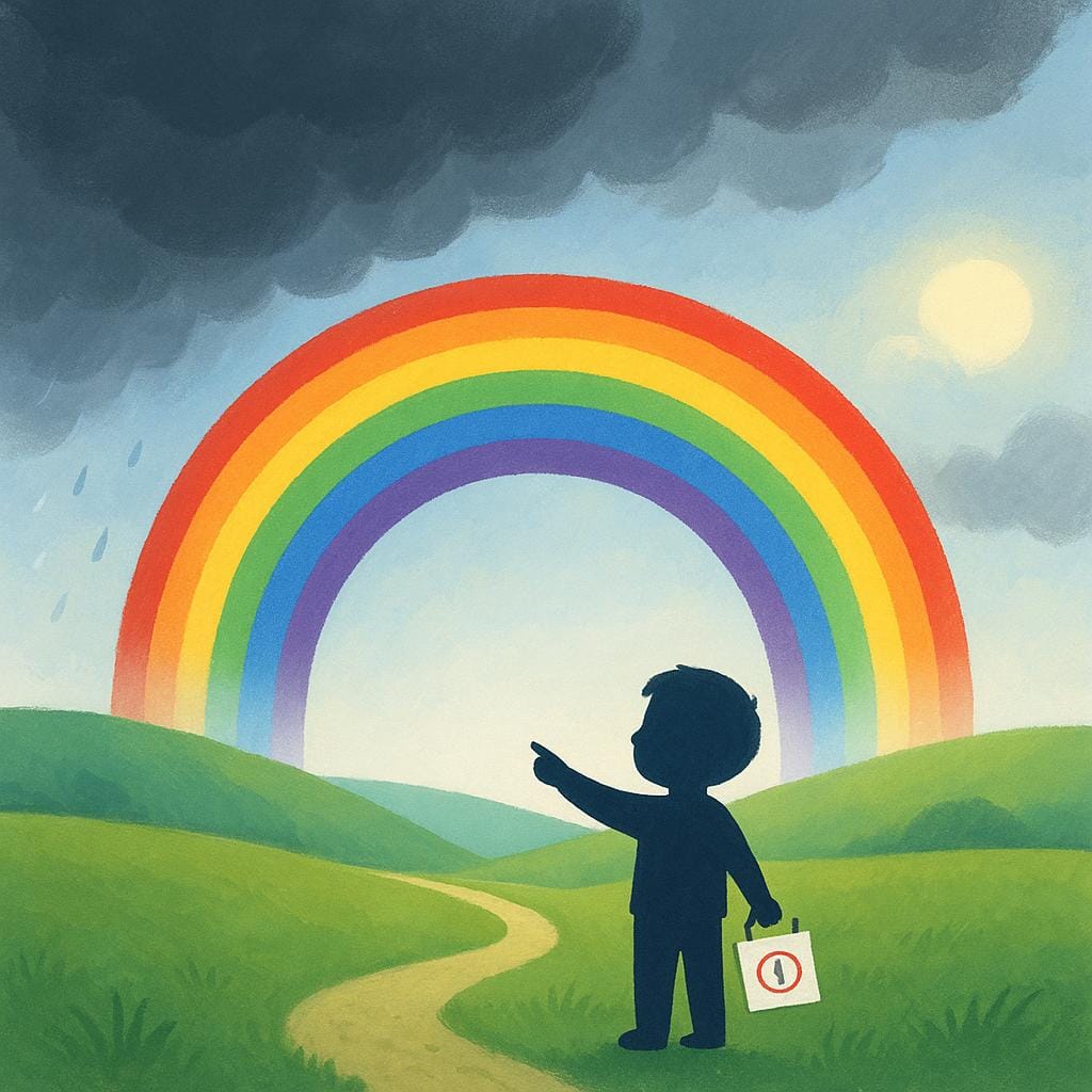 A bright rainbow arcs across a sky where dark rain clouds are moving off to the side, suggesting an imminent, positive event.