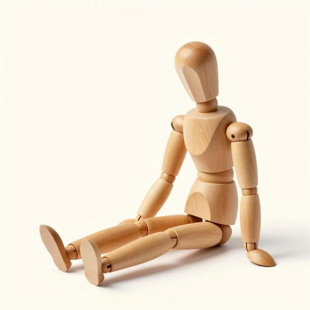A small wooden figure sitting still and unable to move while looking at its legs.