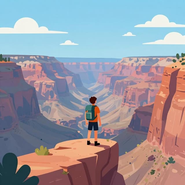 A hiker standing at the edge of a wide, deep canyon, looking across at the path ahead.