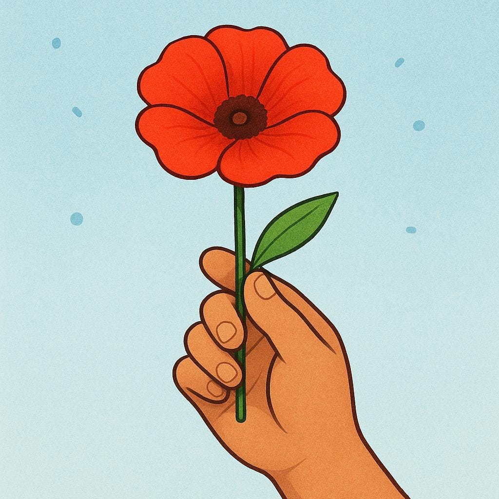 رسم توضيحي بسيط لكتاب قصص يركز على يد شخص تحمل زهرة حمراء زاهية واحدة، تعرضها بوضوح.