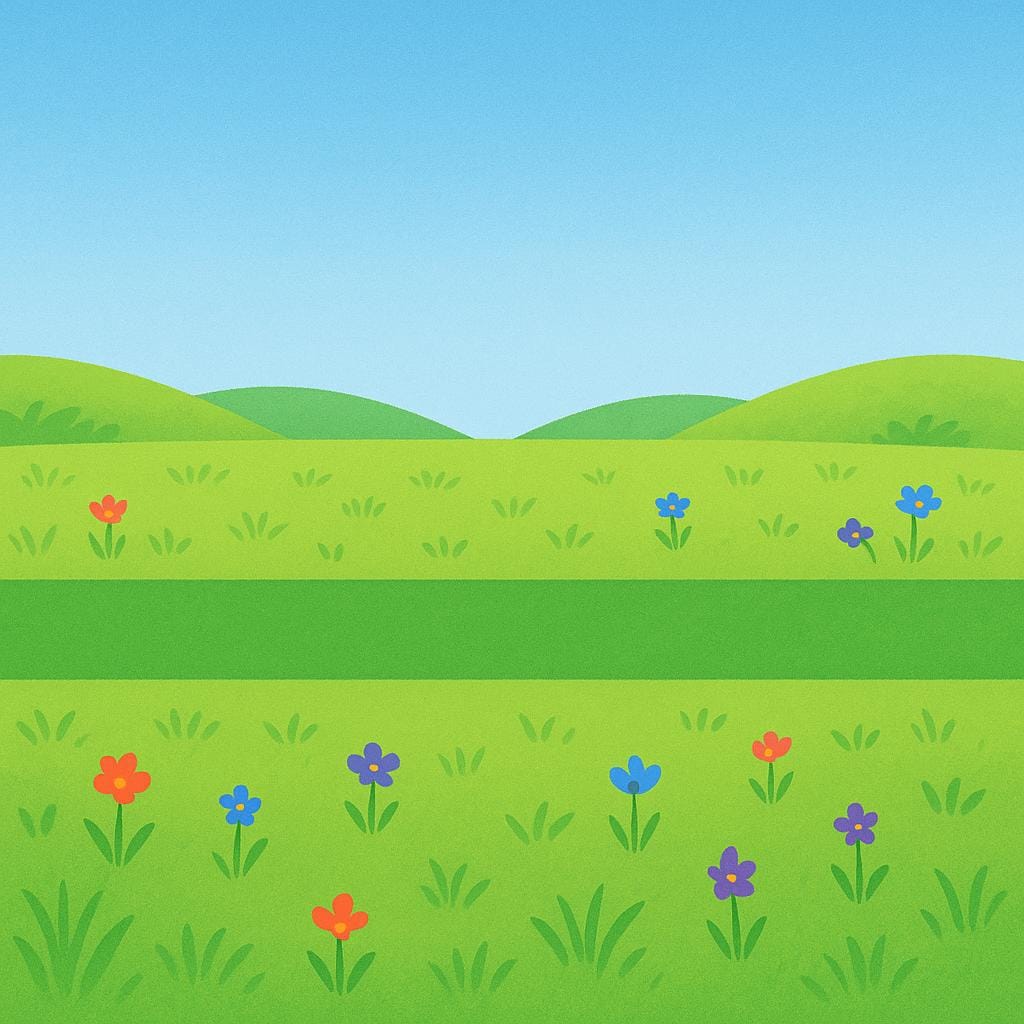 A storybook illustration showing a perfectly straight green path extending across a colorful field.
