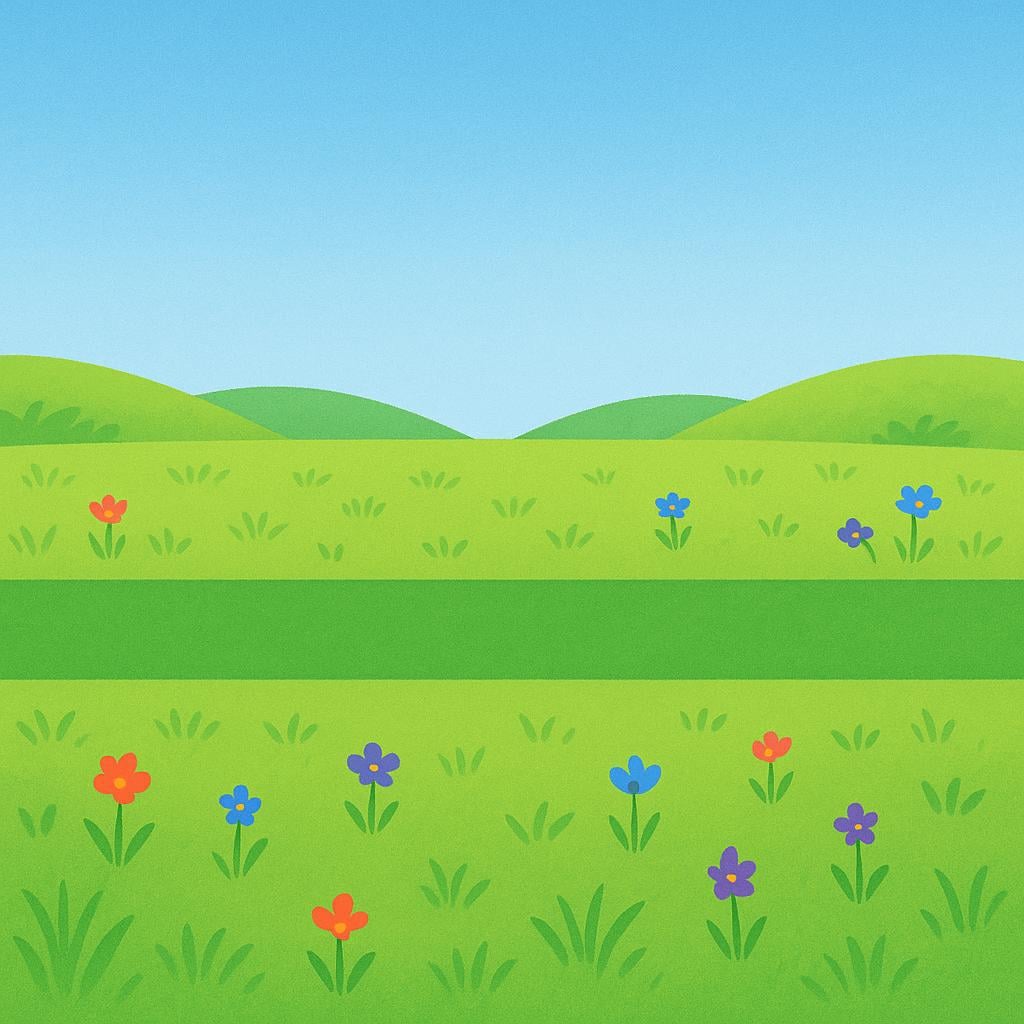 A storybook illustration showing a perfectly straight green path extending across a colorful field.