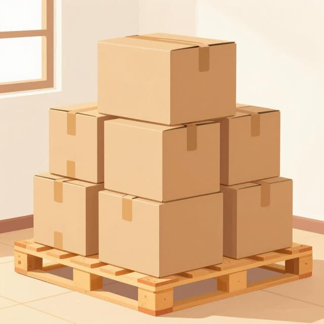 A neat stack of cardboard boxes organized on a wooden pallet inside a clean storage room.