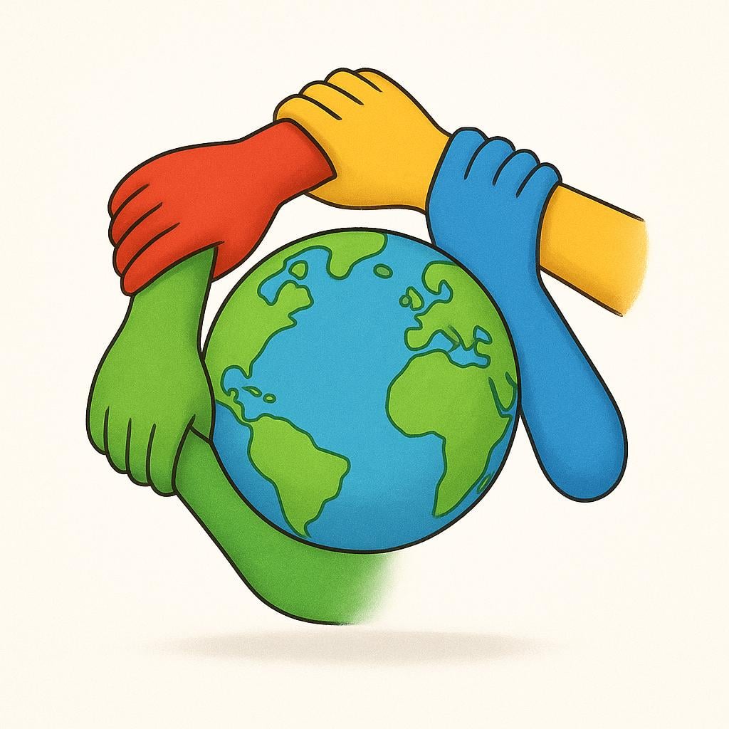 A simplified blue and green globe is shown, with four distinct, different colored hands (representing different nations) clasped together above it, symbolizing cooperation between multiple countries.
