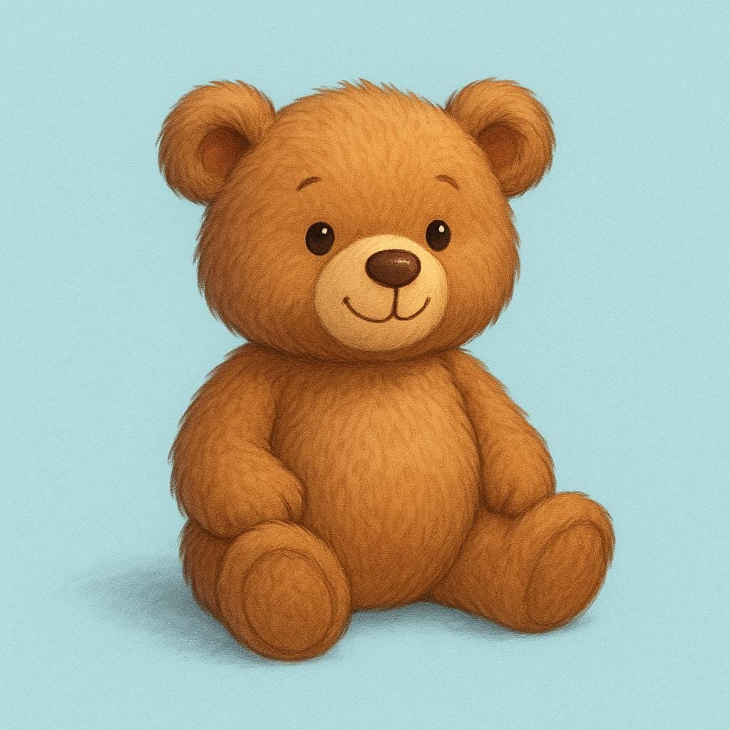 薄い背景の前に座っている、シンプルでふわふわした茶色のテディベア。