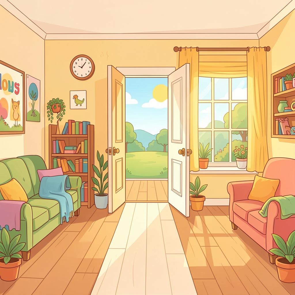 Two bright rooms with an open door between them.