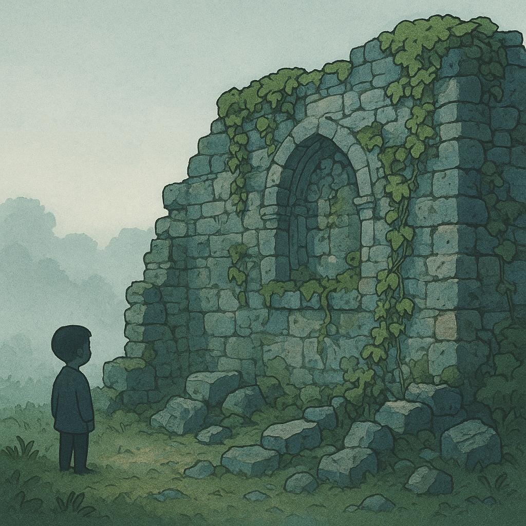 A small figure stands next to the crumbling, ivy-covered stone wall of ancient ruins, conveying distance in time.