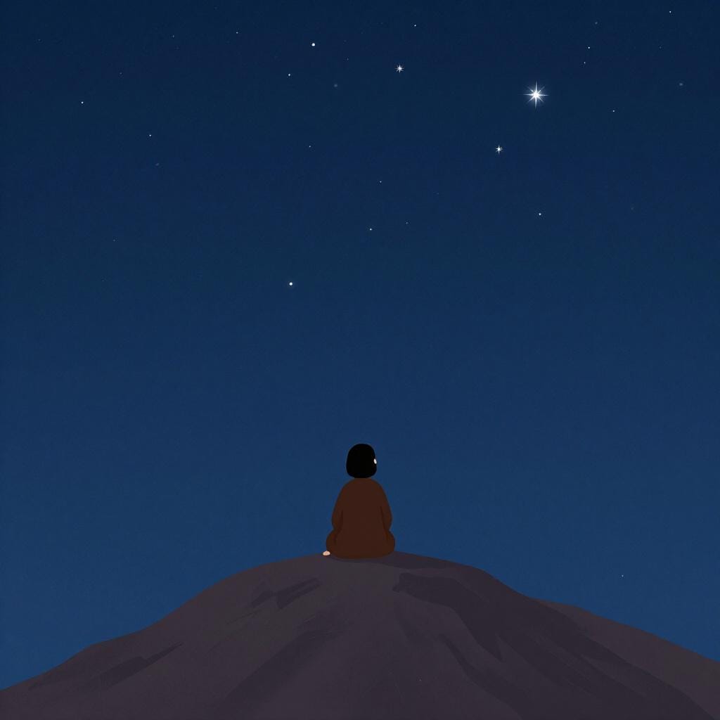 Eine Person in einfachen Roben sitzt friedlich auf einem Berggipfel und blickt in einen weiten Sternenhimmel.