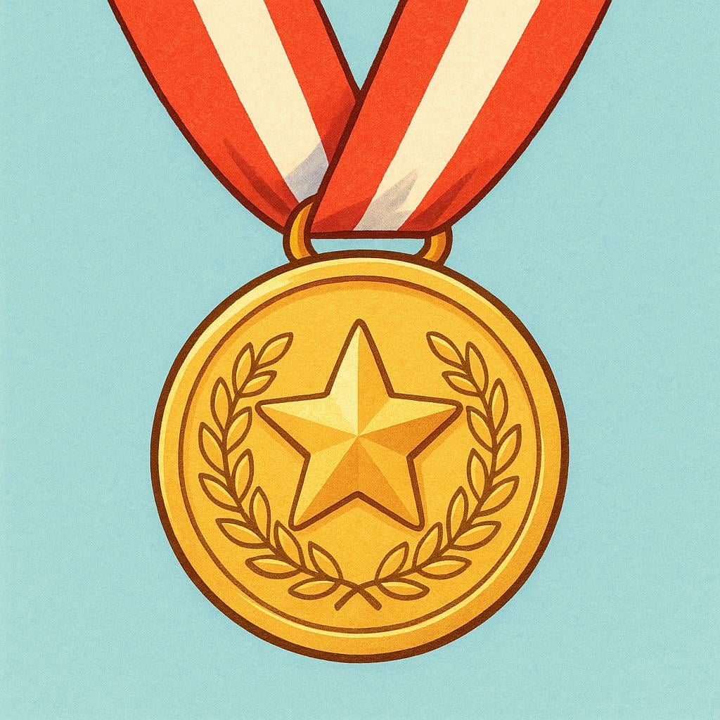 A shiny gold circular medal hanging from a red and white striped ribbon, signifying an award.