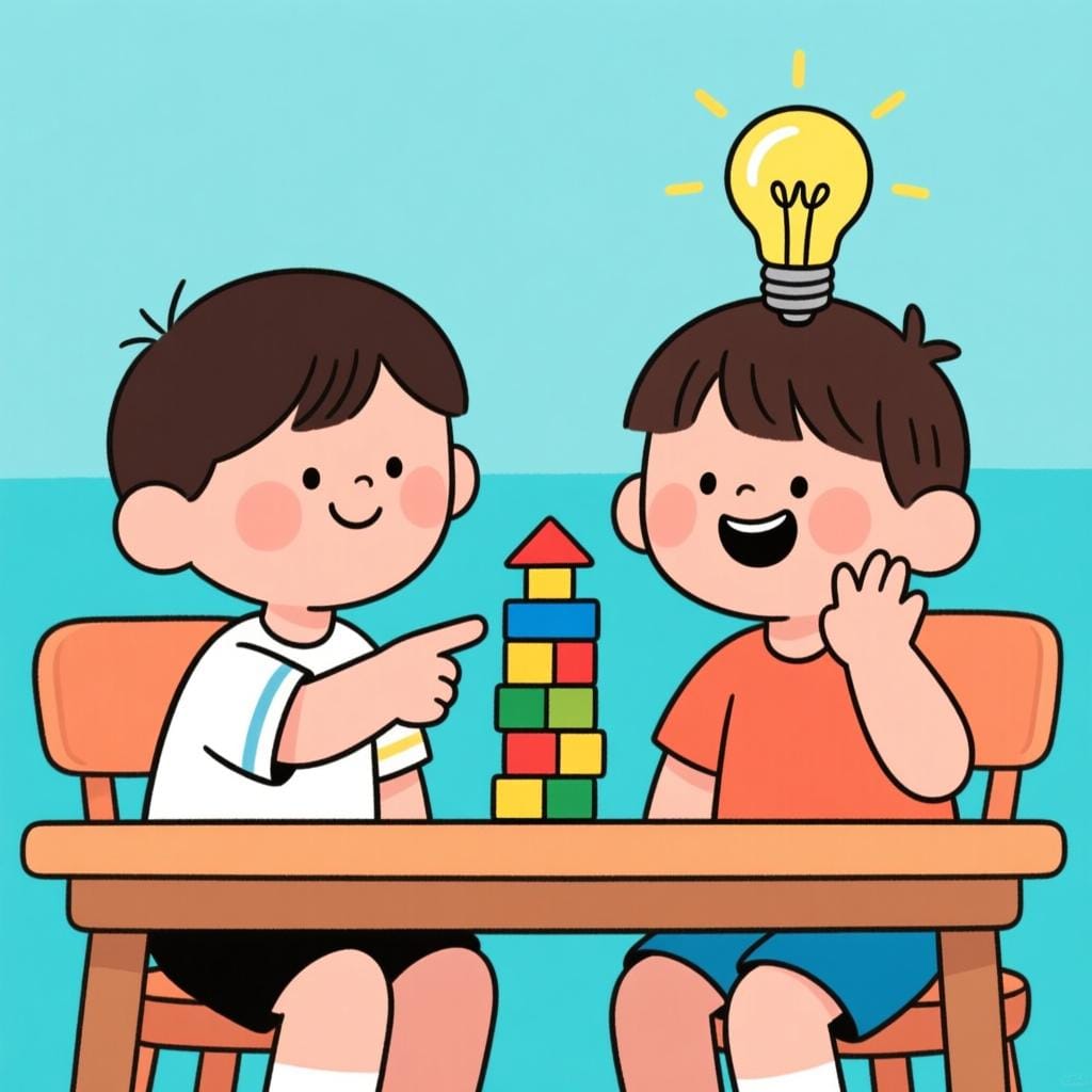 A child listening intently to a friend who is explaining a complex drawing. A bright, glowing lightbulb appears above the listener's head, symbolizing the exact moment of understanding.