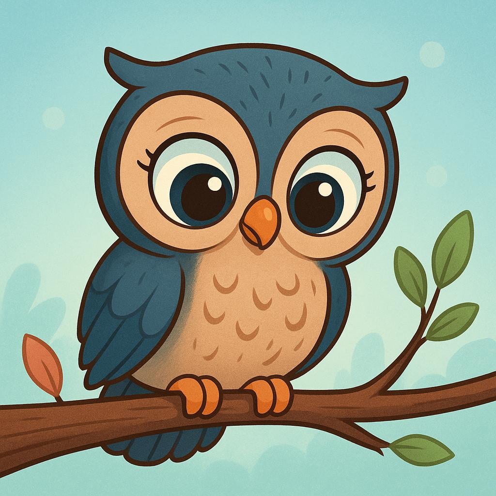 A colorful illustration of a friendly cartoon owl perched on a branch, its large, observant eyes focused intently downward, symbolizing watching.