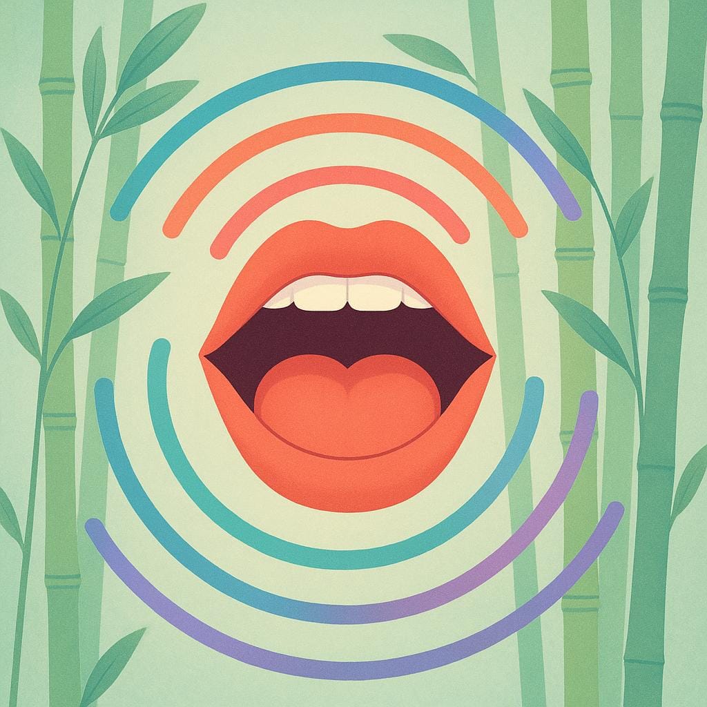 A stylized depiction of a mouth speaking, with simple sound waves radiating outward, symbolizing the Chinese language.