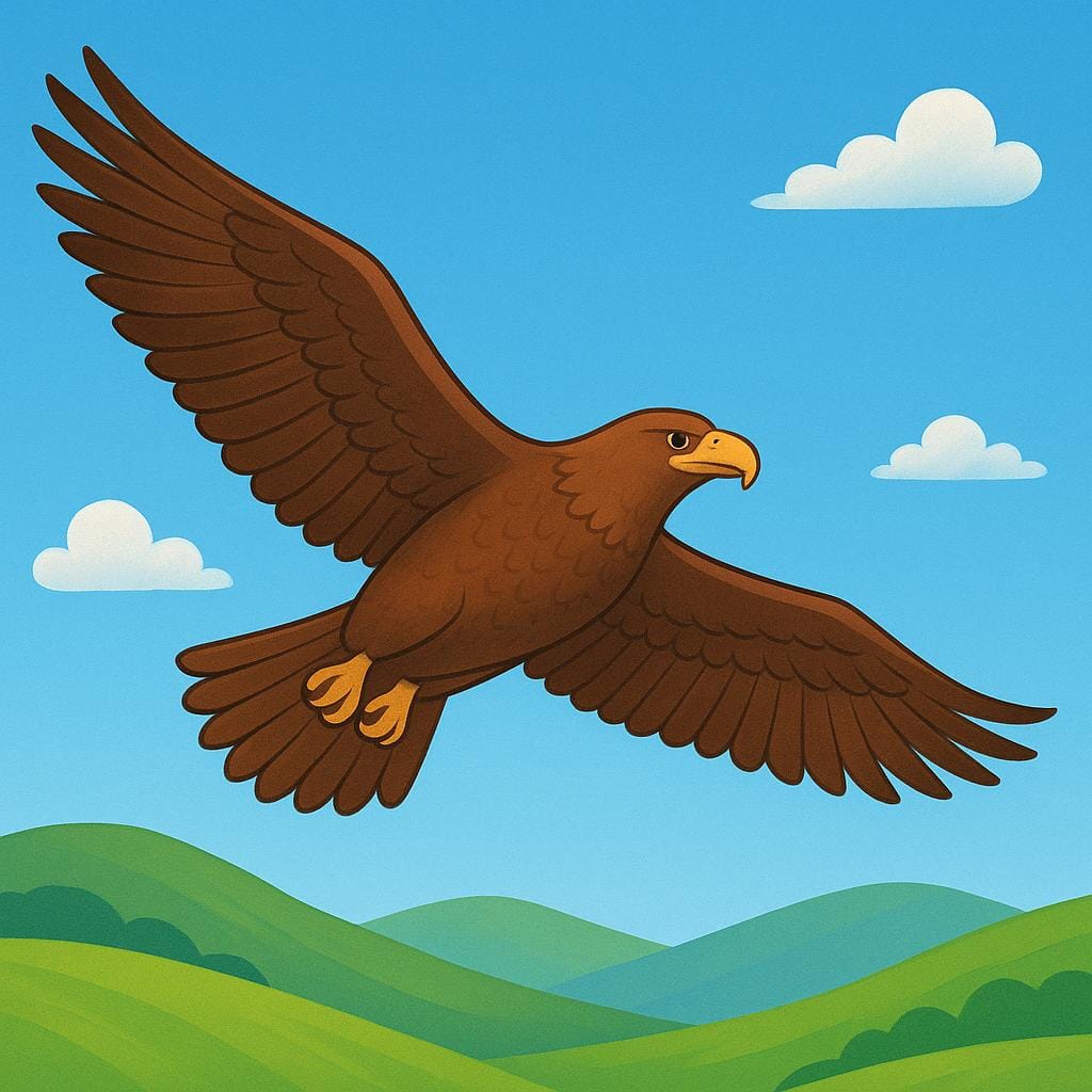 A large, majestic brown eagle with stationary, wide wings soaring effortlessly across a bright blue sky above rolling green hills, demonstrating gliding.