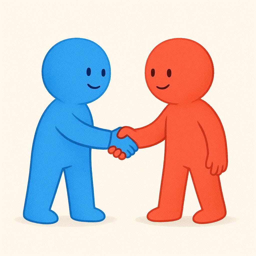 Two distinct, stylized figures, one blue and one red, shaking hands firmly in a gesture of partnership and alliance.