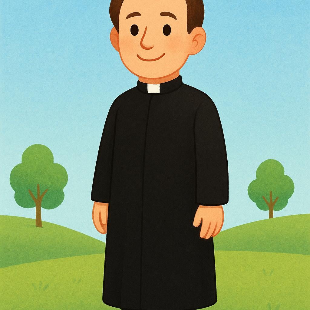 A kind-looking clergyman wearing traditional black robes and a white clerical collar, standing and smiling warmly.