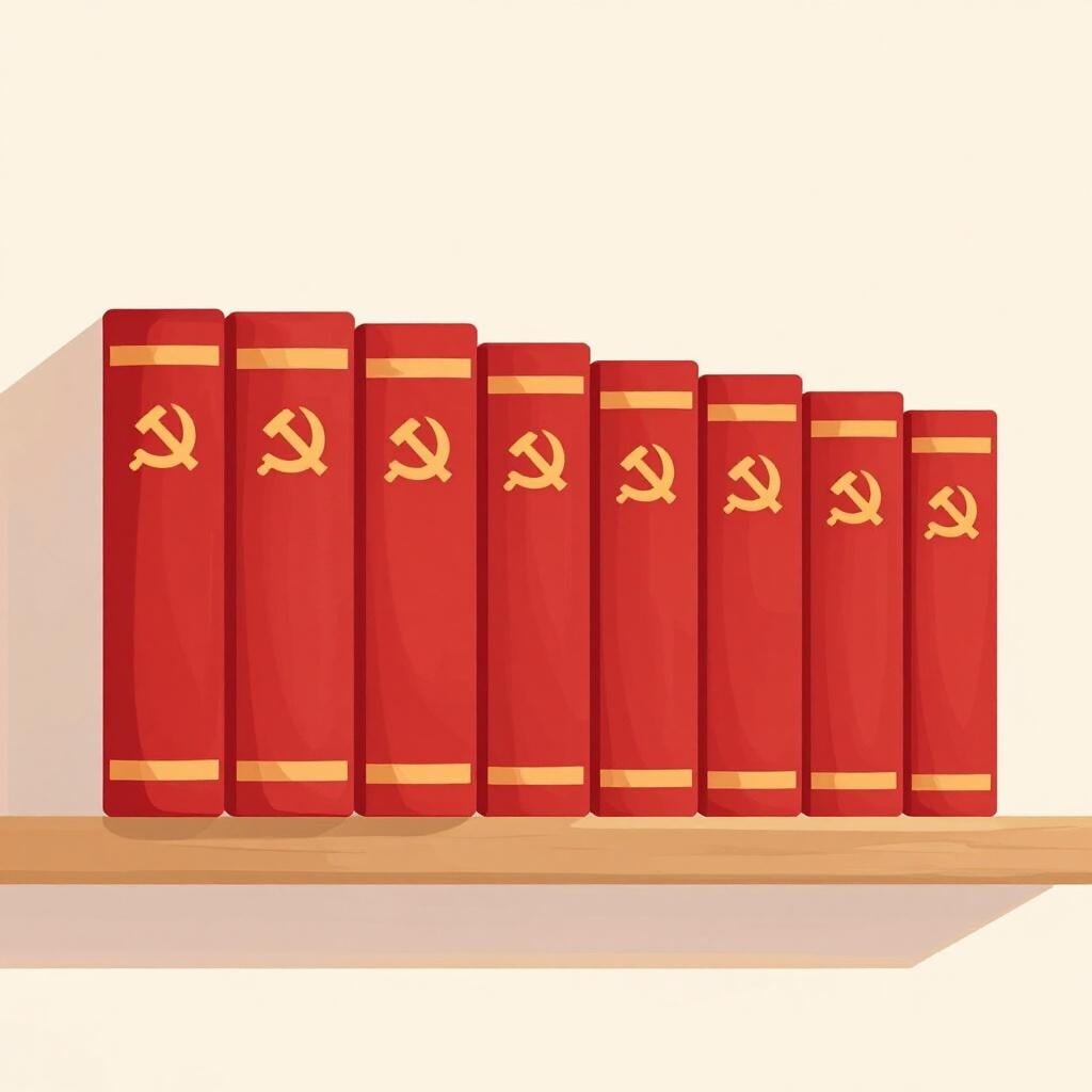 Uma fileira de livros vermelhos simples com símbolos dourados de foice e martelo nas lombadas, apoiados numa prateleira de madeira.