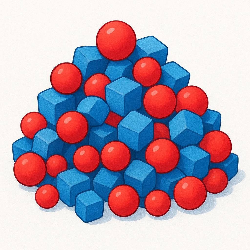 Two distinct groups of brightly colored objects, specifically red spheres and blue cubes, completely mixed together in a single, jumbled pile, illustrating a state of being blended.