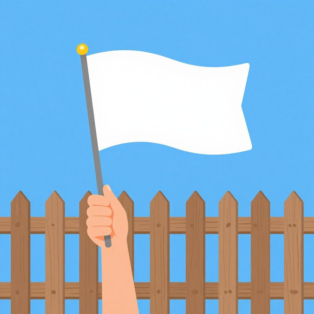 Eine weiße Fahne, die über einem Holzzaun geschwenkt wird, um die Kapitulation zu signalisieren.