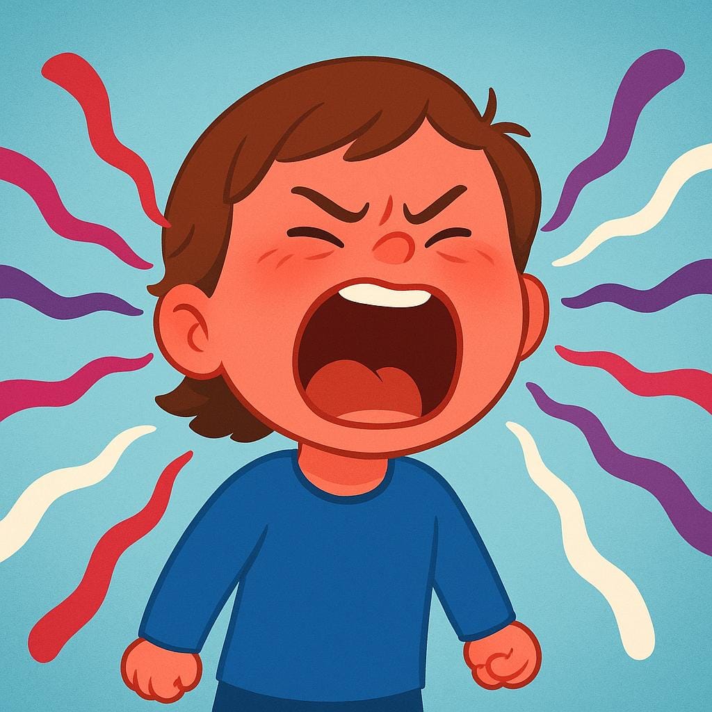 Eine einfache Illustration eines Kindes mit einem sehr roten Gesicht, das laut und intensiv schreit und einen plötzlichen emotionalen Ausbruch darstellt.
