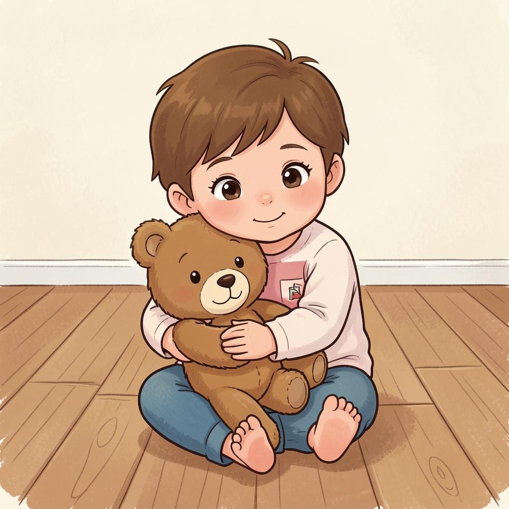 A small child holding a worn teddy bear that shows signs of being loved for a long time.