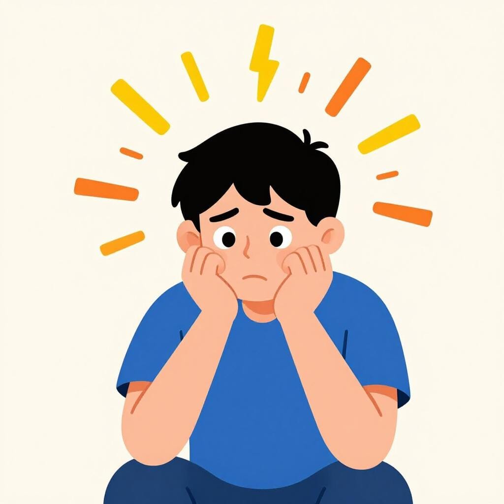 Eine Person mit weit aufgerissenen Augen und geballten Händen, die ängstlich aussieht, mit bunten Zickzacklinien um den Kopf, die Stress darstellen.