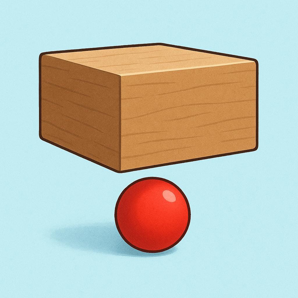 A simple colorful storybook illustration showing a small red ball placed directly underneath a large, simple wooden box.