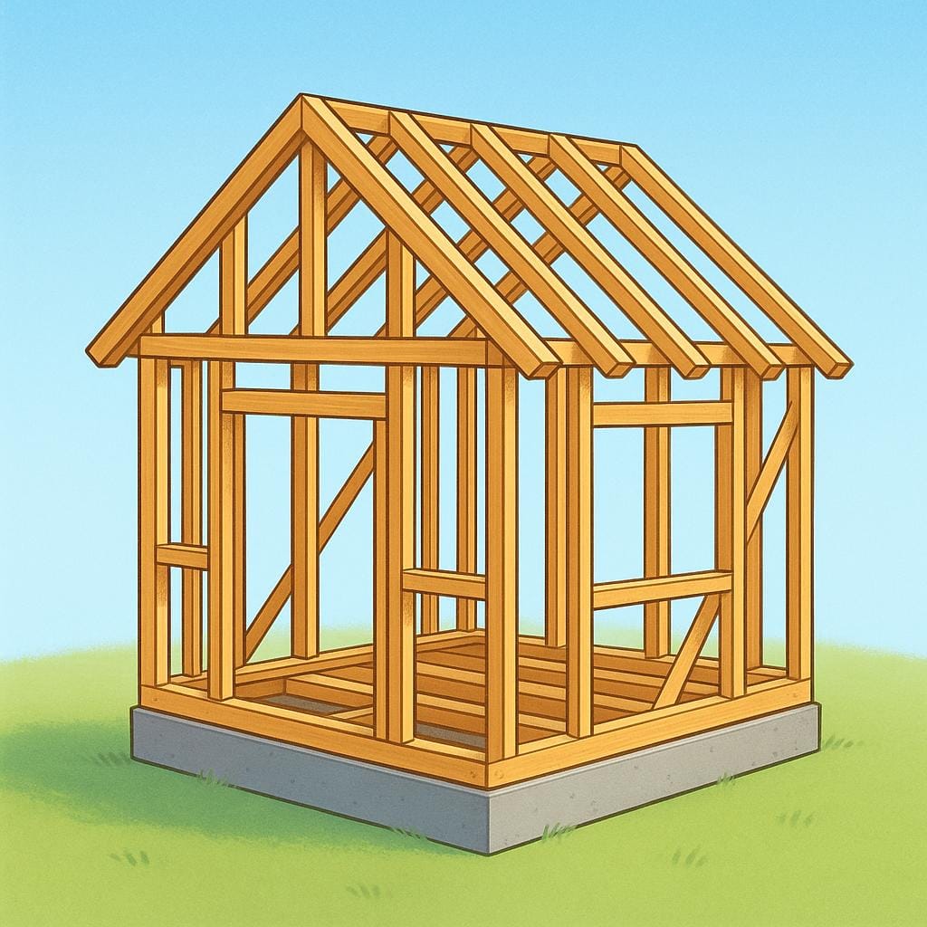 The skeletal wooden beams forming the basic structure of a small house under construction, emphasizing the foundational supports.