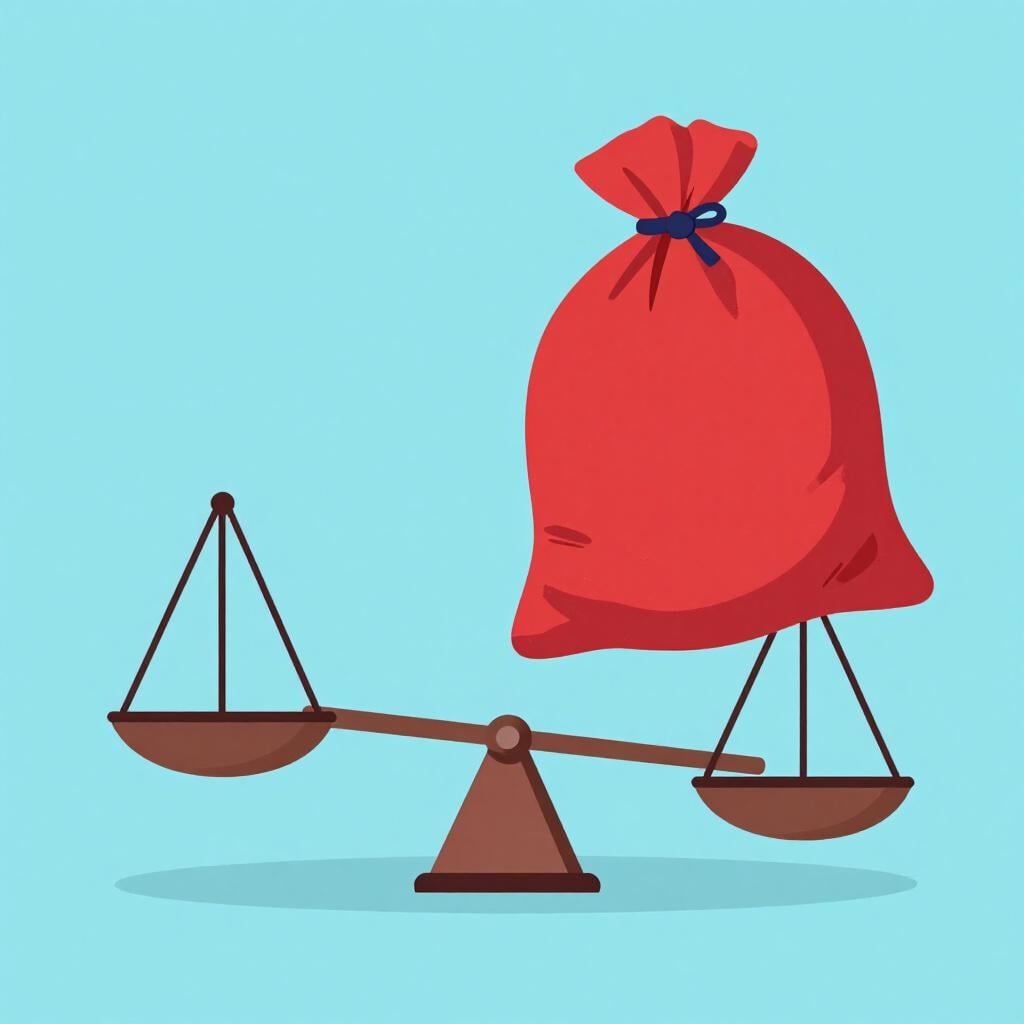 A heavy, red-colored sack with a minus sign on it, weighing down one side of a balance scale.