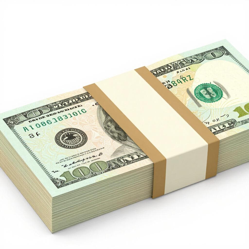 Une grosse pile de billets de banque, attachée avec un simple ruban.