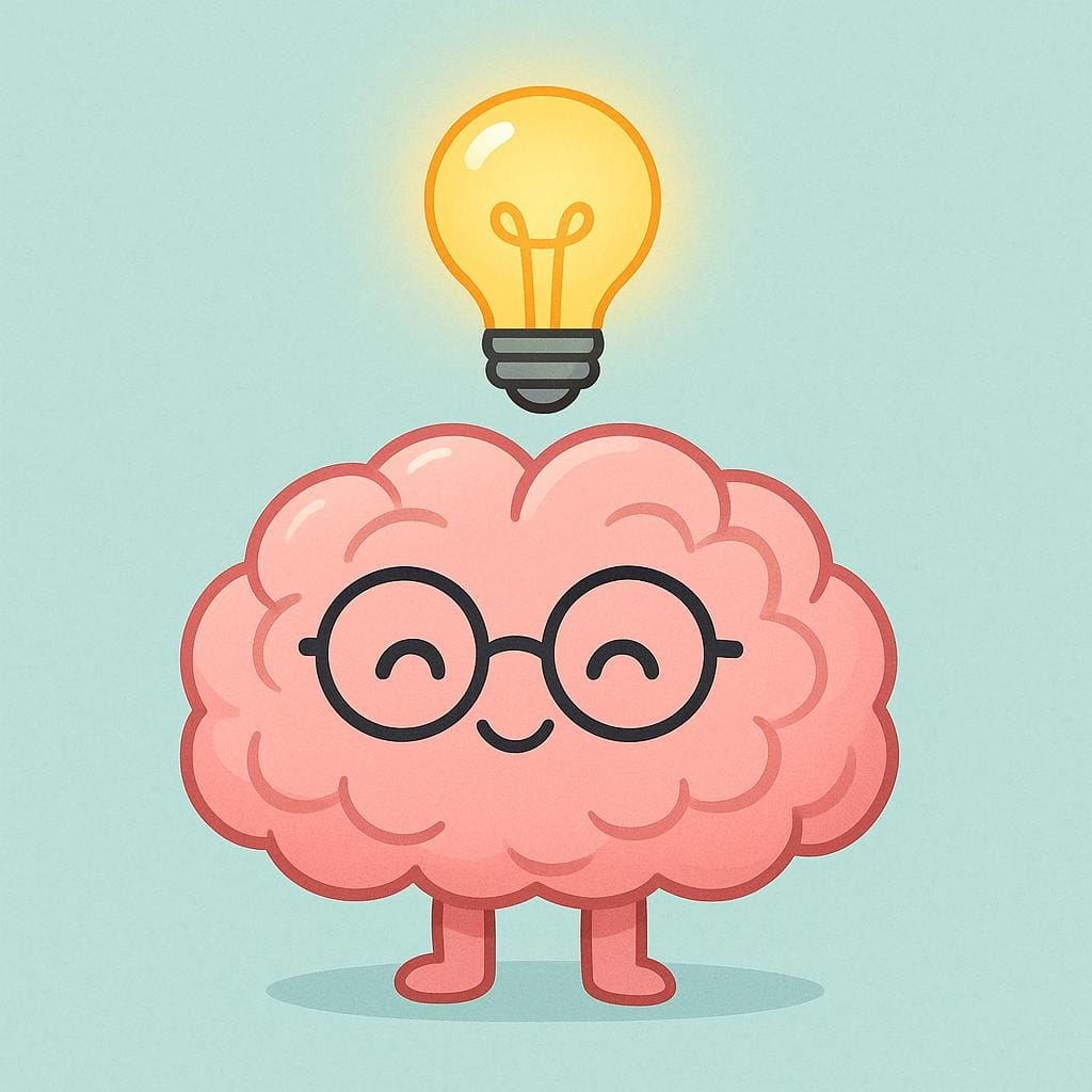 A simplified, smiling brain character wearing glasses, with a brightly glowing yellow lightbulb hovering above its head, representing intellectual brilliance.
